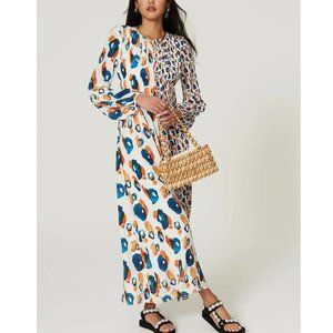 Jason Wu Watercolor Spotted Silk Crepe de Chine Midi Dress Pleated Long Sleeve
